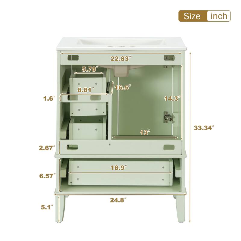 Freestanding Bathroom Vanity Cabinet with Ceramic Sink & 3 Drawers