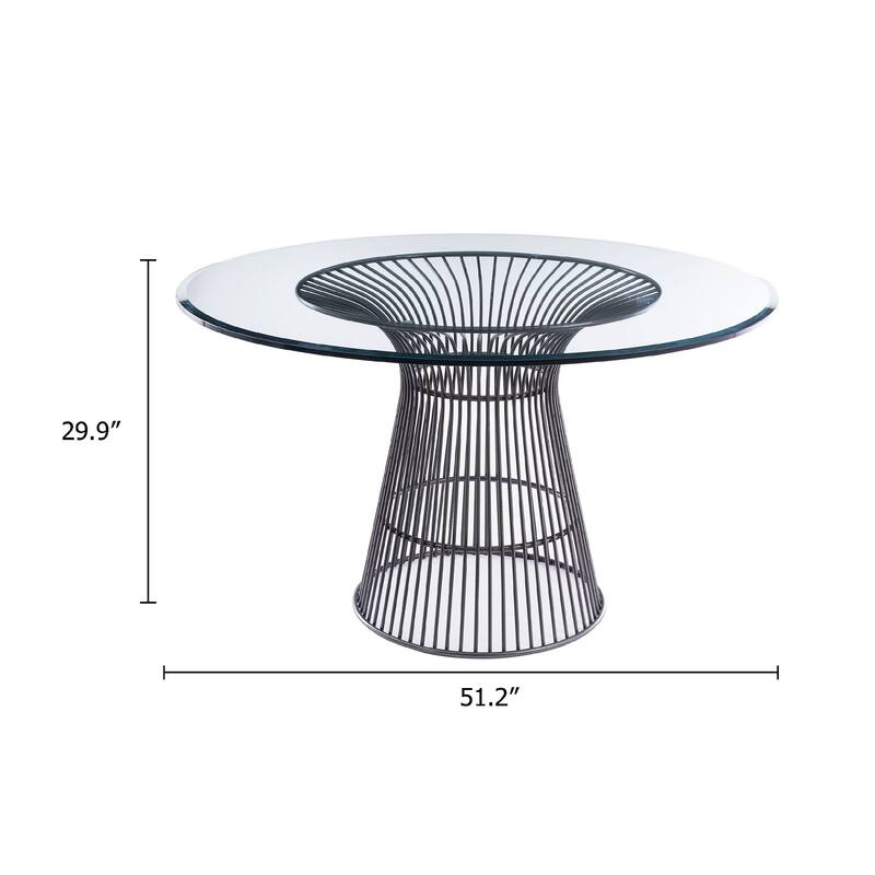 Cid Axa Dining Table, 51 Inch Round Glass Top, Sunburst Black Metal Base - Black, Clear