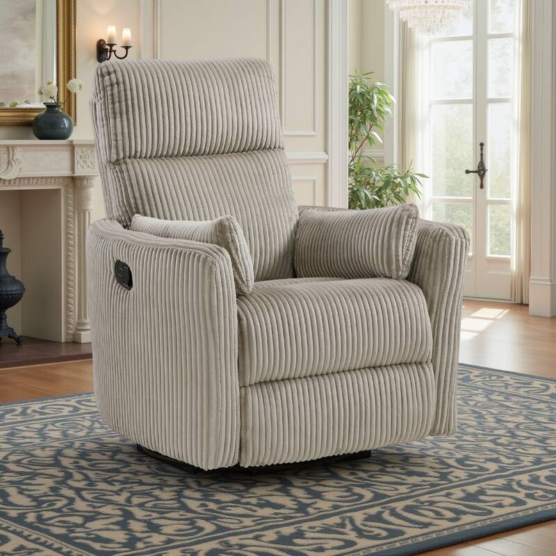 Rix Swivel Glider Recliner Chair, 2 Pillows, Taupe Brown Corduroy