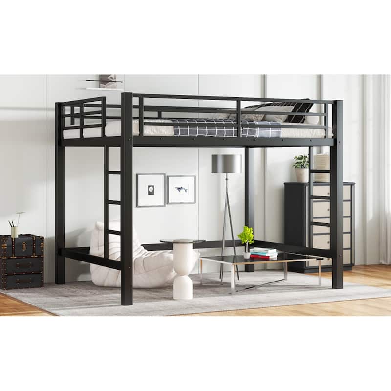 Roomfitters Metal Loft Bed with Dual Ladders, High Sleeper Frame with Under Bed Storage Space, Black