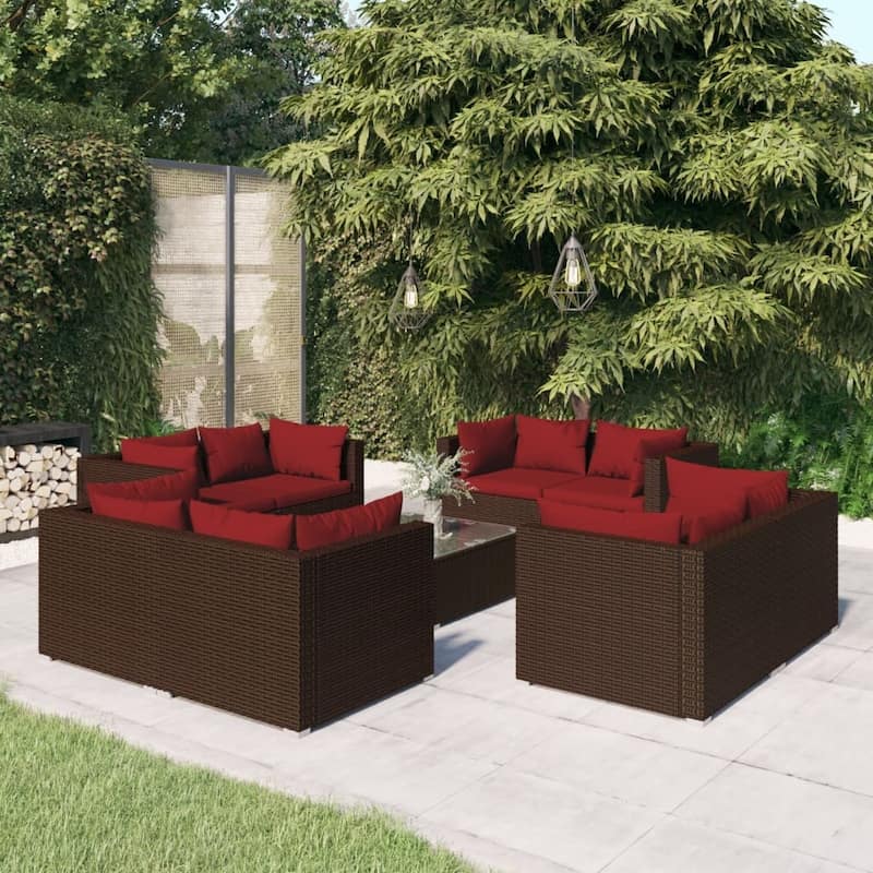 vidaXL Patio Lounge Set Outdoor Sectional Sofa Set Table Garden Poly Rattan - Brown/Cinnamon red 9 Piece