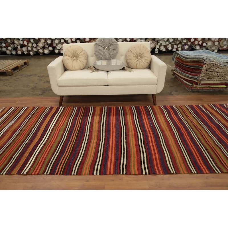 Hand Woven Oriental 100% Wool Carpet Southwestern Geometric Multi-Colored Kilim Area Rug - 11' 2'' X 4' 8''