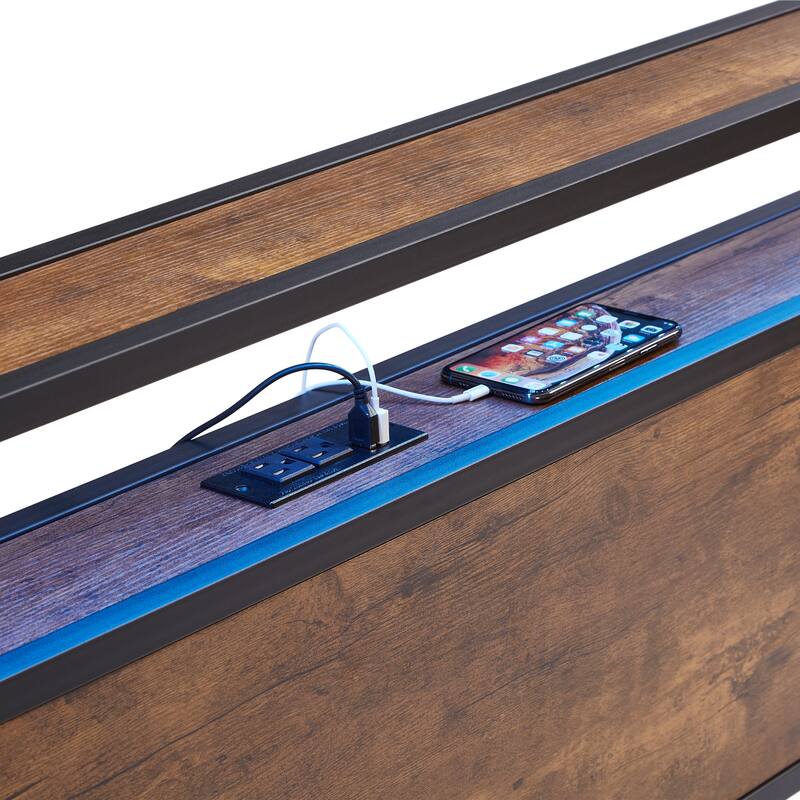 Full Size Metal Platform Bed Frame with Wooden Headboard and Foot board with LED Lights, No Box Spring Needed