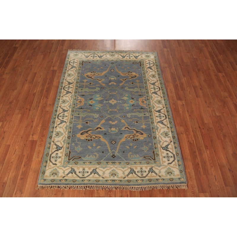 Light Blue Oushak Oriental Rug Handmade Wool Carpet - 4'2"x 5'11"