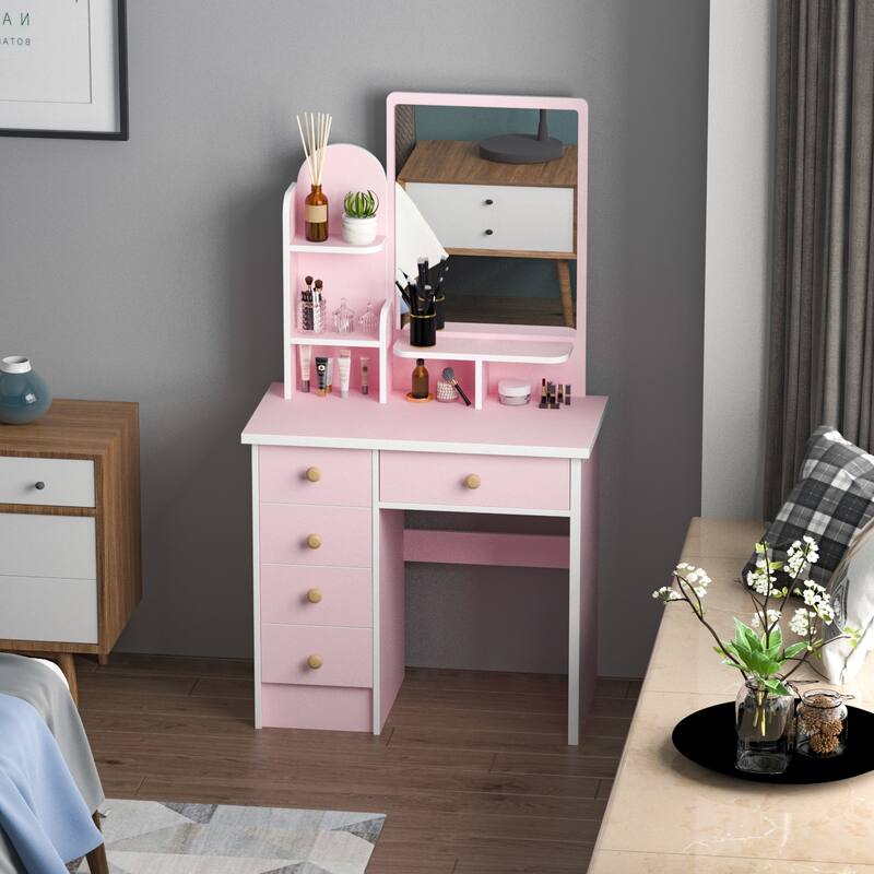Makeup Vanity Table Set With Mirror Mirror Desk & Drawer(PINK/BLACK)
