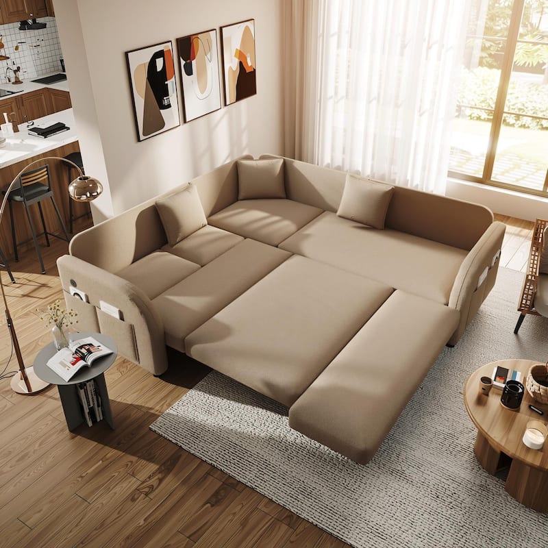 Homy Casa 85"/115" L-Shaped Sectional Sofa Bed USB & Side Pocket, Teddy Fabric Pull-Out Sleeper, Reversible Chaise, Multi Colors