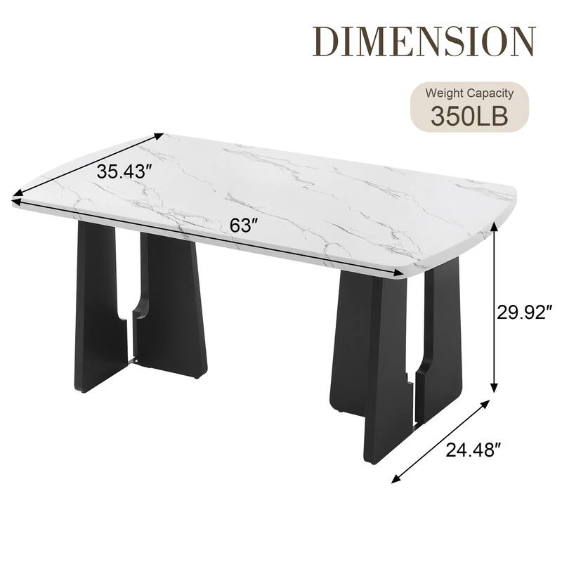 63" Kitchen Table for 4-6 People, Rectangular Dining Table with Faux Marble Tabletop and Geometric Legs