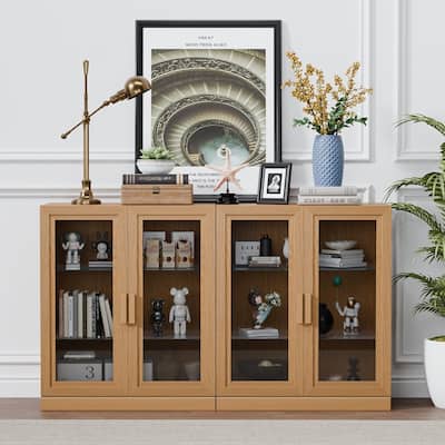 Large Sideboard Buffet Cabinet with 4 Glass Doors 2 Adjustable Shelves for Kitchen Living/Dinning Room Bedroom Entryway