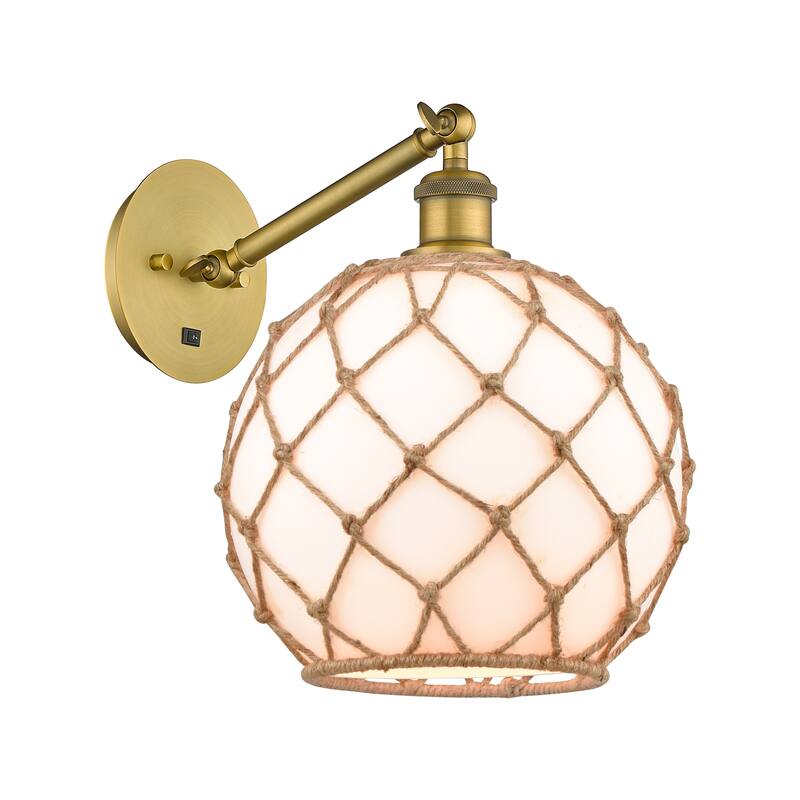 Innovations Lighting Endless Possibilities Ballston - Farmhouse Rope - 1 Light 10" Adjustable Sconce - Arm Adjusts Up and Down - White Glass with Brown Rope/Brushed Brass