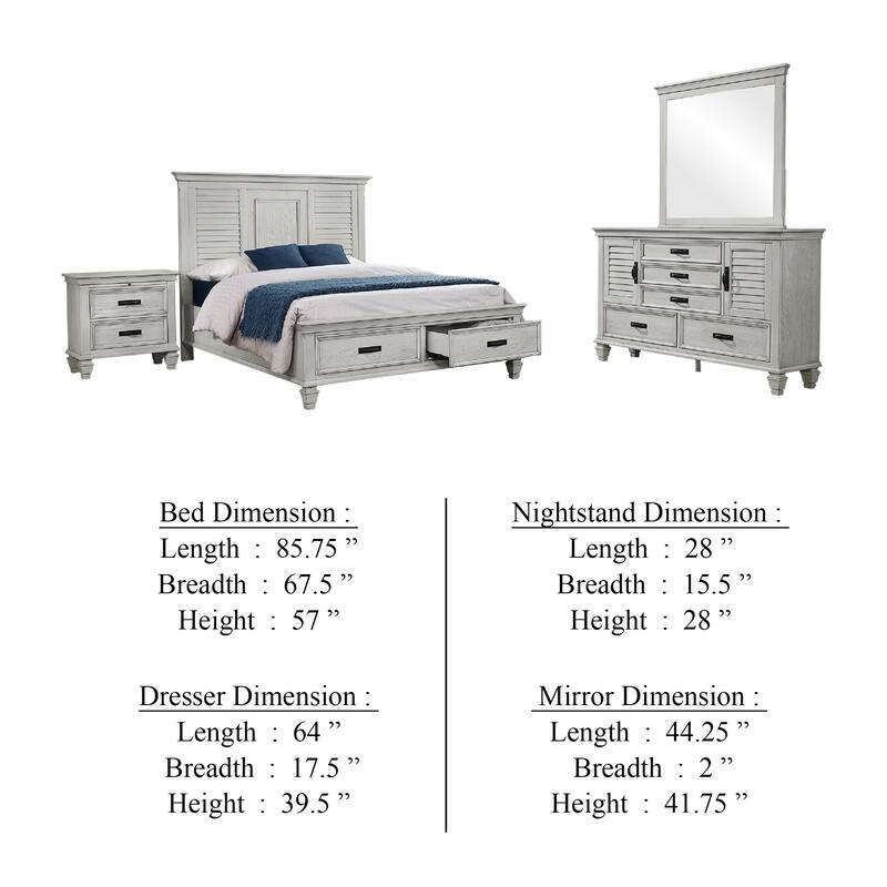 Eli 4 Piece Queen Bedroom Set, Footboard Storage, Rustic White Wood