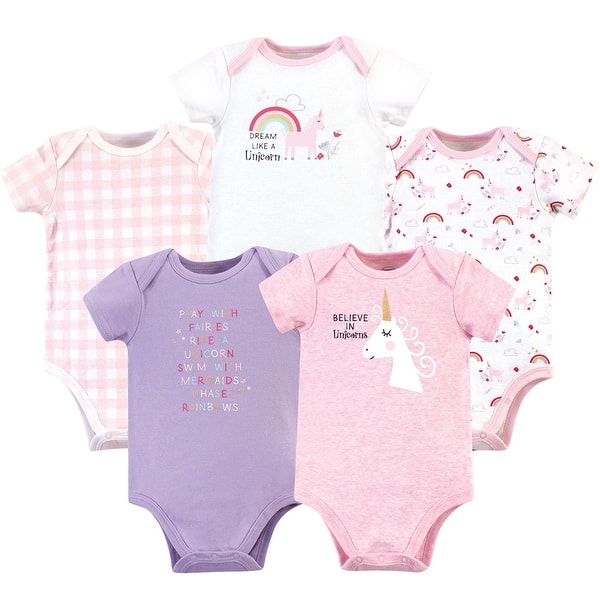 slide 1 of 1, Luvable Friends Baby Girl Cotton Bodysuits 5pk, Unicorn 0-3 Months - Unicorn