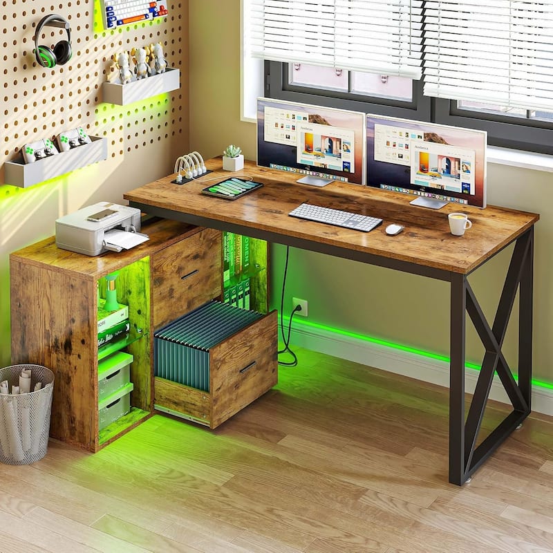 55 Inch L-shaped Gaming Desk with Power Outlets and LED Lights Computer Corner Desk with File Cabinet Monitor Stand - Brown-X Design