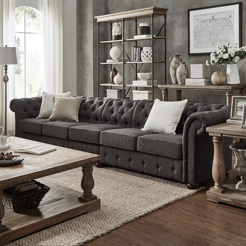 Knightsbridge Grey Extra Long Chesterfield Sofa by iNSPIRE Q Artisan - 5-Seat Sofa - Dark Grey Linen