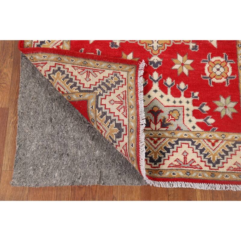 Geometric Kazak Runner Rug Handmade Red Wool Carpet - 2'11" x 9'8"