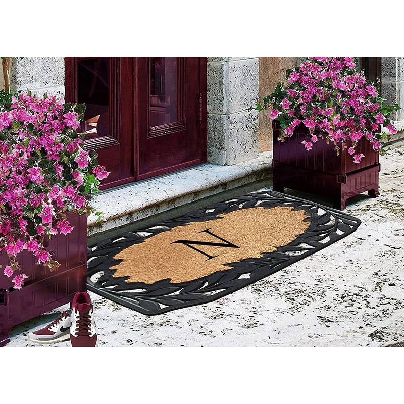 A1HC Rubber and Coir Stylish Leaf Border Large Outdoor Durable Monogrammed Doormat, Black - 23" X 38"