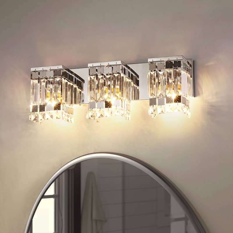 3-Light Modern Glam Chrome Finish Rectangle Crystal Bathroom Vanity Lights - 19.7 in. W x 5.1 in. D x 7.1 in. H
