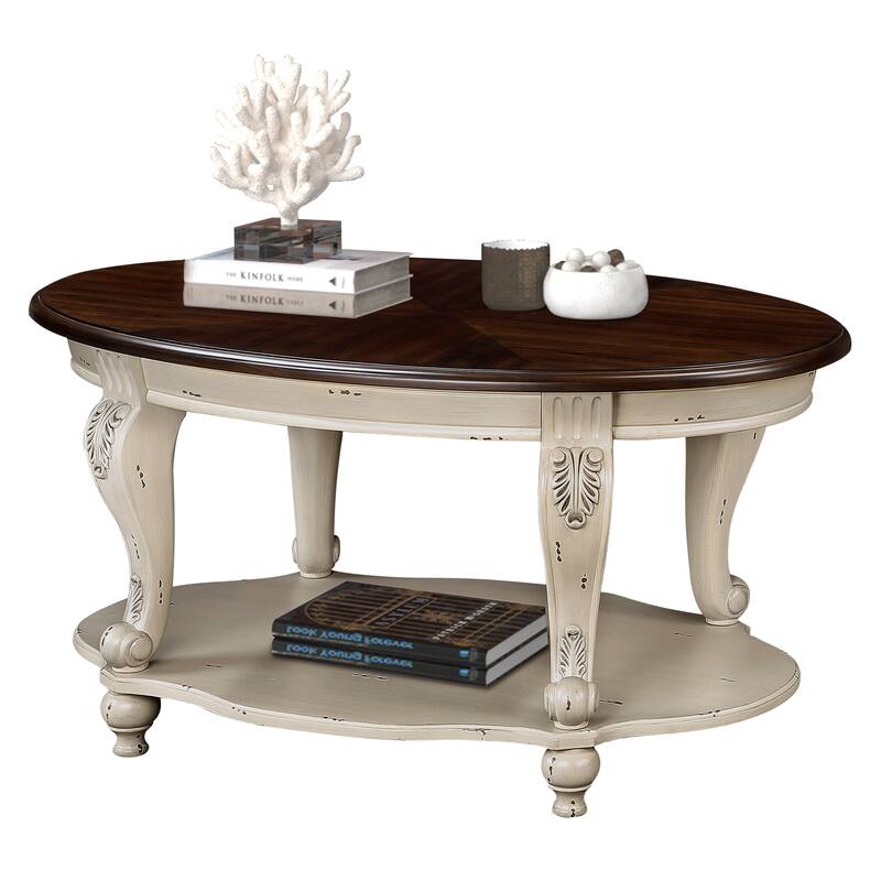 42" Oval Wood Coffee Table, 2 Tier Cocktail Table with Open Shelf