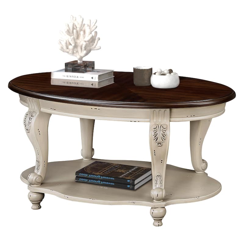 Oval Wood Coffee Table for Living Room with Open Storage Shelf, 2-Tier Solid Wood Cocktail Table with Beautiful Floral Carvings - Beige