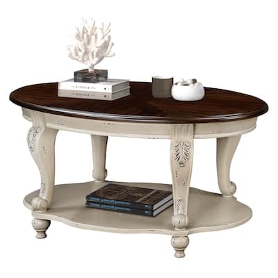 Oval Wood Coffee Table for Living Room with Open Storage Shelf, 2-Tier Solid Wood Cocktail Table with Beautiful Floral Carvings
