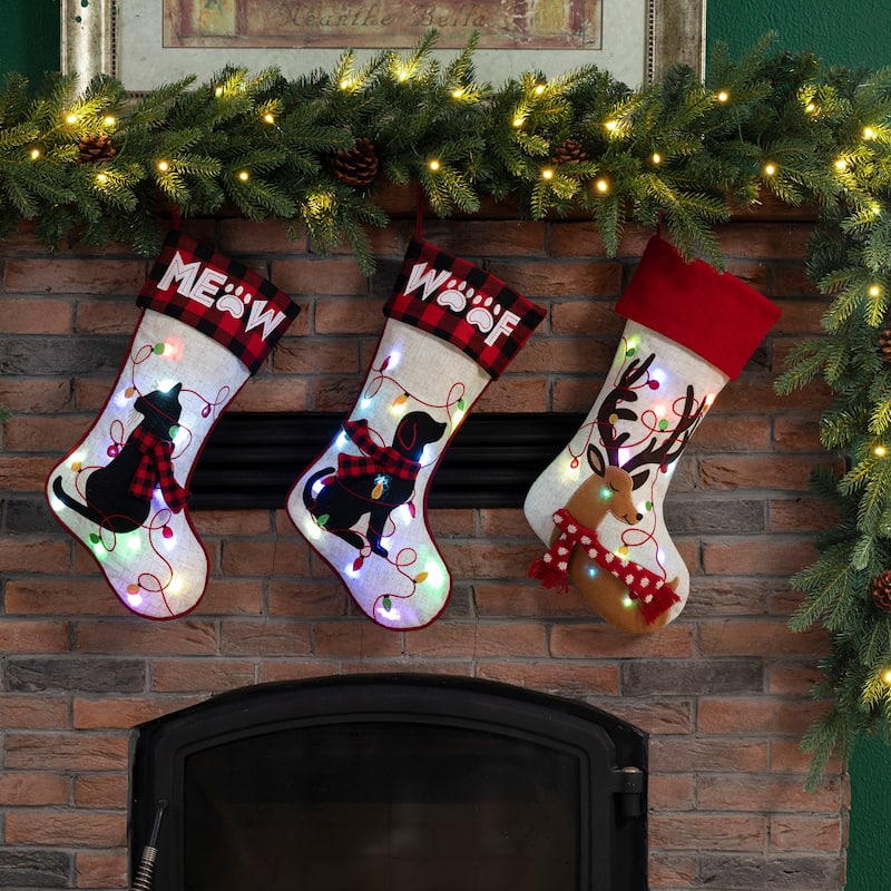 Glitzhome 21"L LED Embroidered Linen Reindeer Cat Dog Christmas Stockings