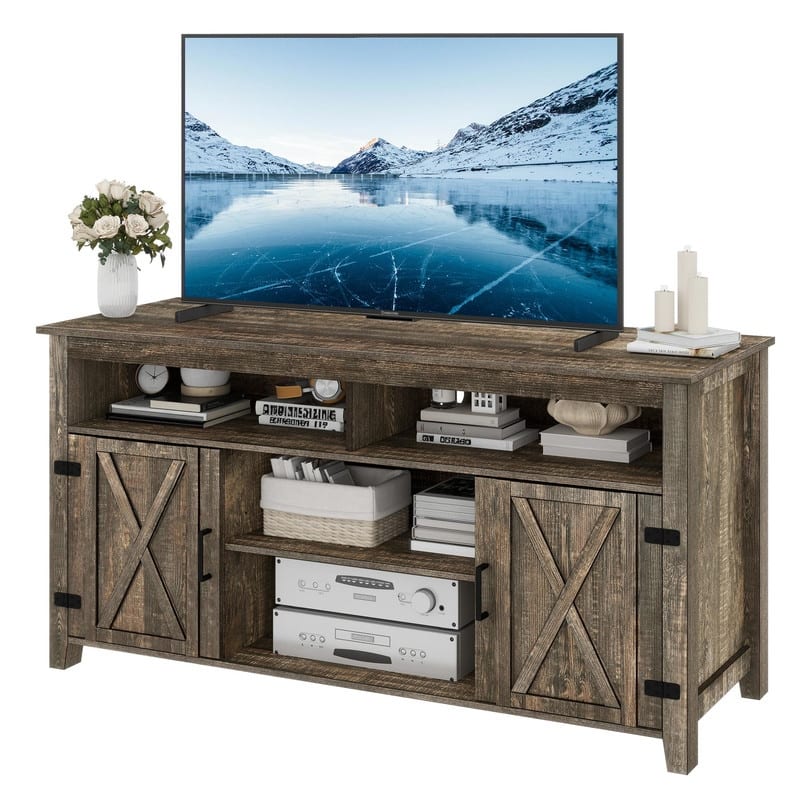 Moasis Farmhouse Barn Door Wood TV Stand with Power Outlet, Entertainment Center with Shelves for TV up to 65" - Rustic Brown