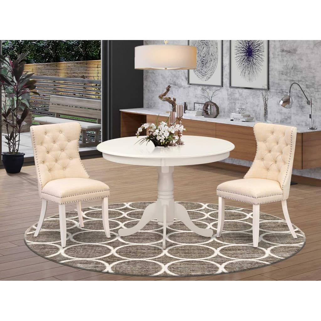 3-Piece Linen White Finish Solid Wood Top-Round Dining Room Set-Seats 4
