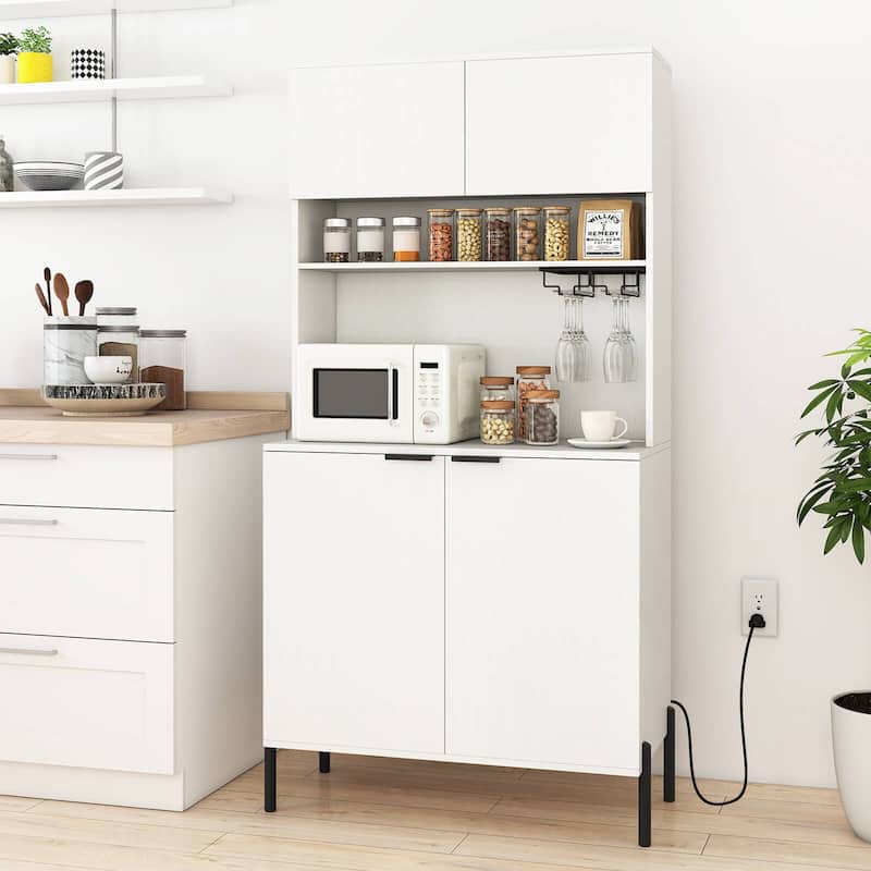 Costway 64.5” Kitchen Pantry Cabinet with Charging Station Wine Glass - See Details