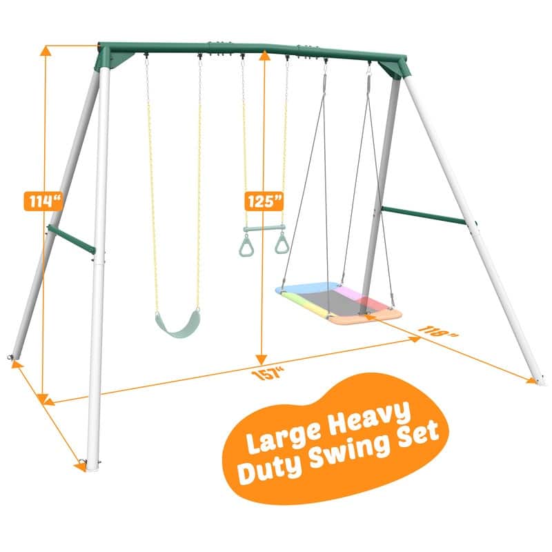 9.5' Heavy Duty Metal Swing set for Backyard with Platform Swing, Belt Swing, and Trapeze Bar