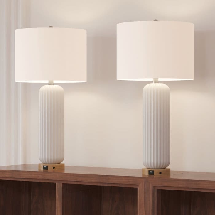 Maxax 28" Ceramic USB White Table Lamp Set (Set of 2)