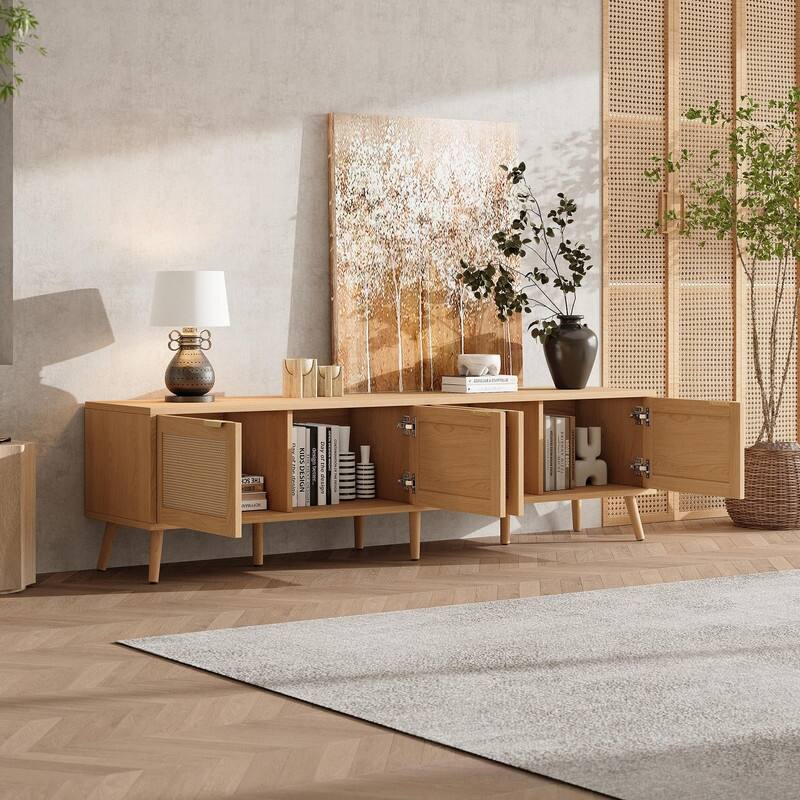 70" Modern TV Stand with Rattan Doors for TVs up to 80", Media Console with Storage Space & Cable Holes