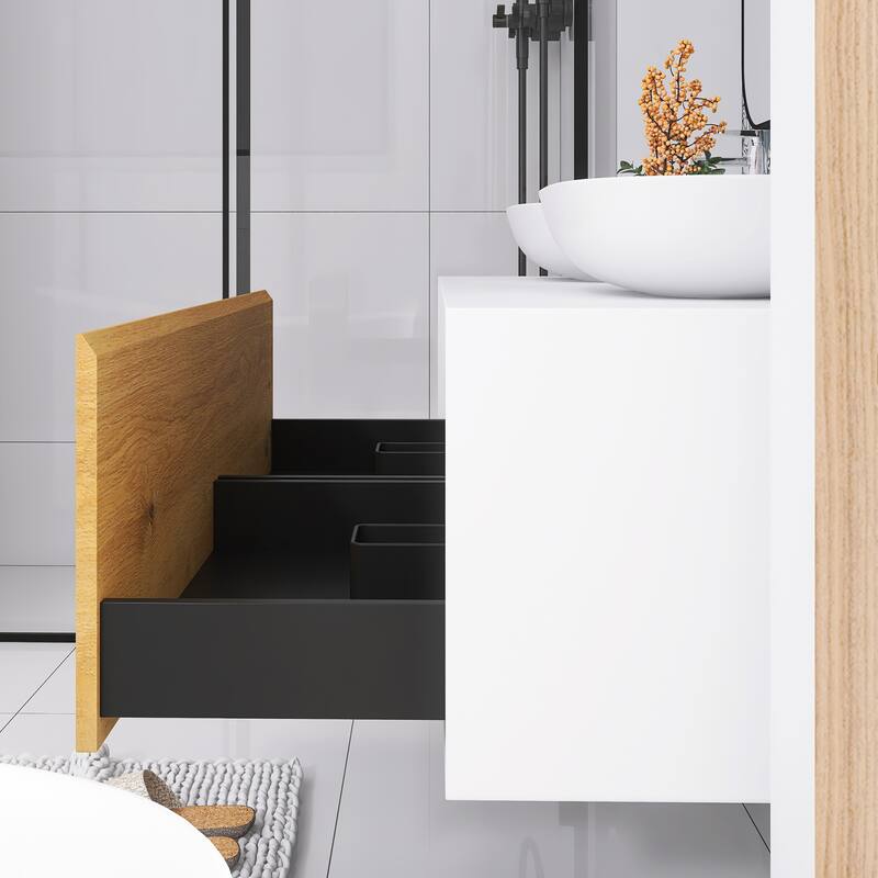 Floating Bathroom Vanity with Solid surface Top in F.OAK and Matte White