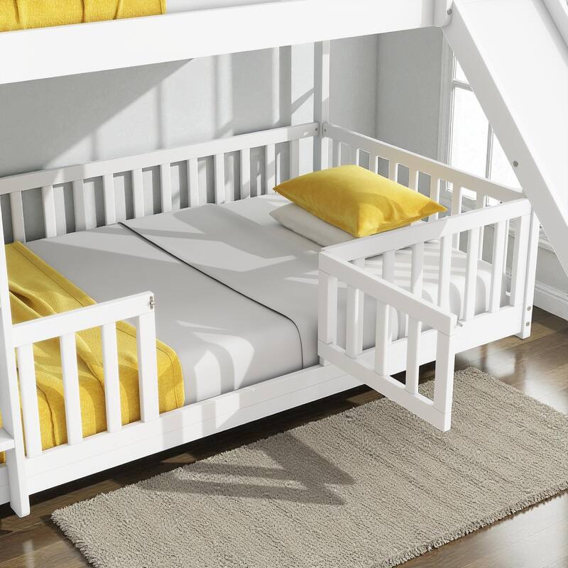 Solid Pine Wood Twin Over Twin Bunk Bed with Slide, Door, Ladder, and Guardrails, Convertible Floor Bunk Bed for Kids