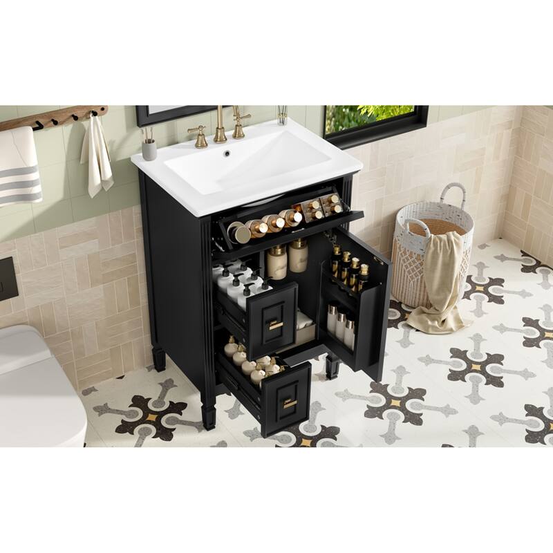 Roomfitters 24" Bathroom Vanity with Sink, Solid Wood Frame, Flip-Out Drawer & Cabinet with Adjustable Shelf