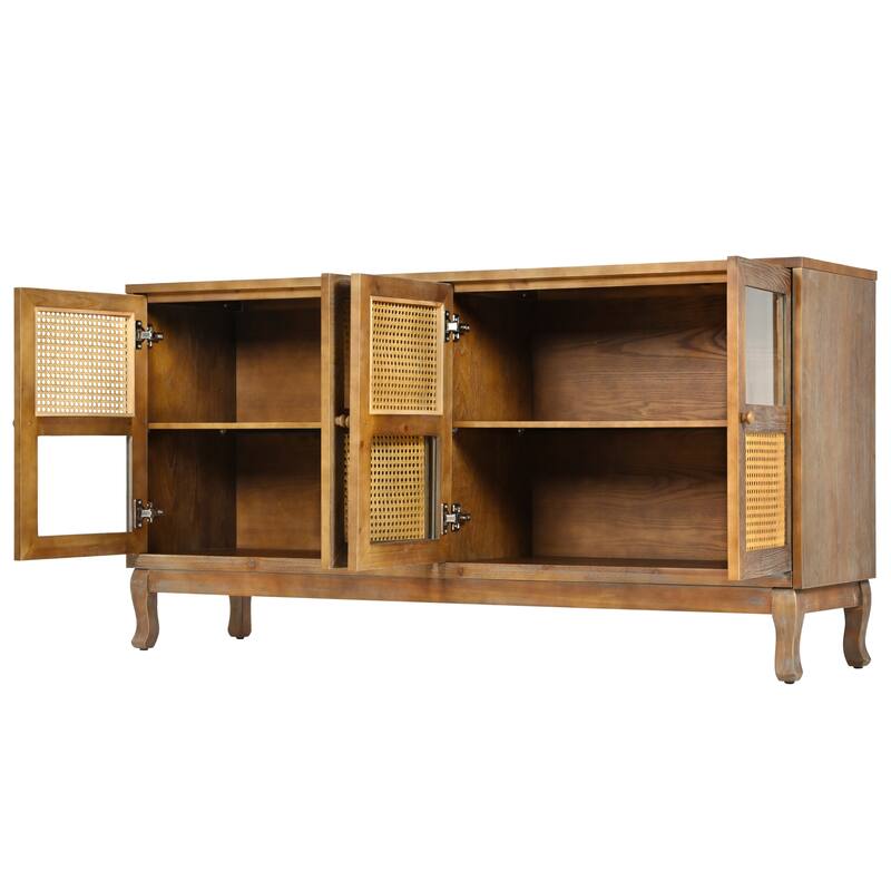 4-Door Sideboard with Large Storage Space Artificial Rattan Doors and Transparent Glass, for Dining Room Living Room