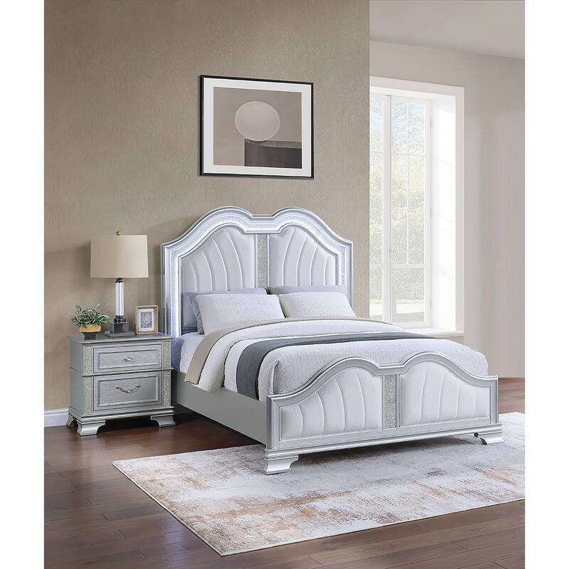Traditional Style 3pc Bed 2x Nightstand Set Crystal Knobs Light Gray Finish