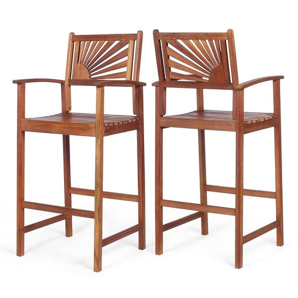 Set of 2 Bar Stools Outdoor Wood Bar Chairs with Sunflower Backrest