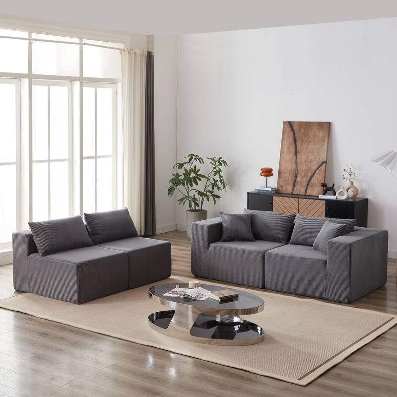 Corduroy Convertible Sectional Cloud Sofa, Foam-Filled Compressed Boneless Sofa, Modular L Shaped Floor 4 Seat Sofa
