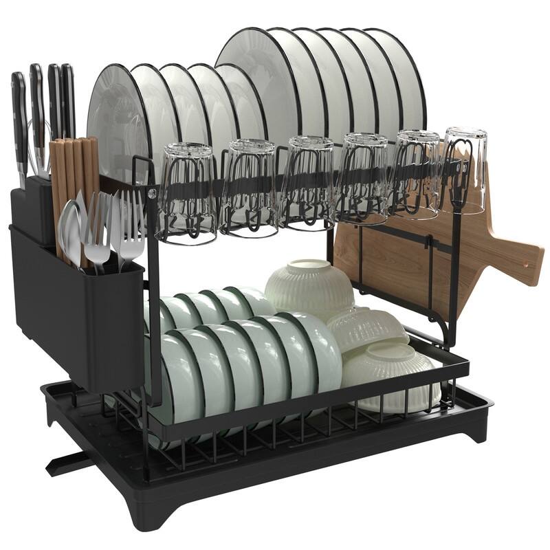 2 Tier Anti-Rust Dish Drying Rack Set with Drainage Spout - Black