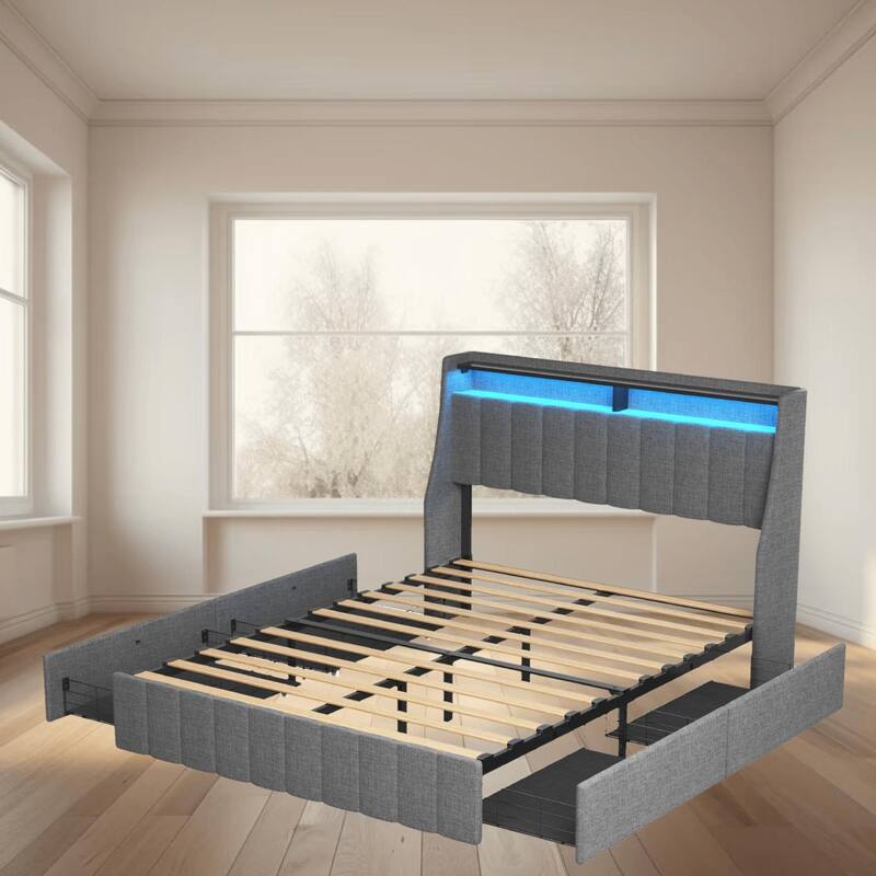 Full Size Platform Bed Frame with RGB LED Lights, 4 Under-bed Drawers, Upholstered Wings Headboard, No Box Spring Needed - Grey - Full