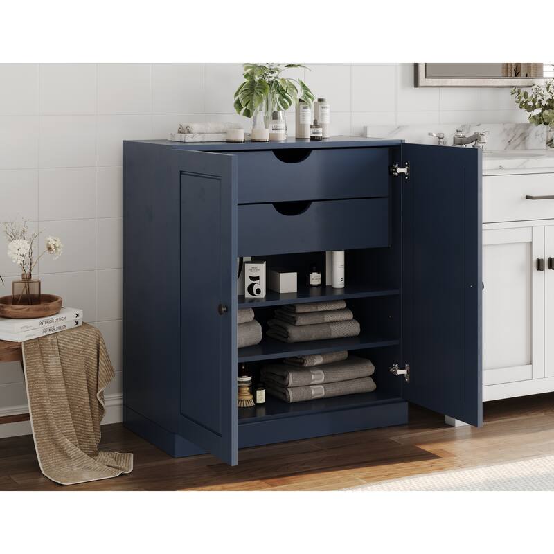 Palace Imports 100% Solid Wood Bathroom Storage Cabinet, Raised Panel Doors, 2 Drawers, Adjustable Shelves - Antique Blue