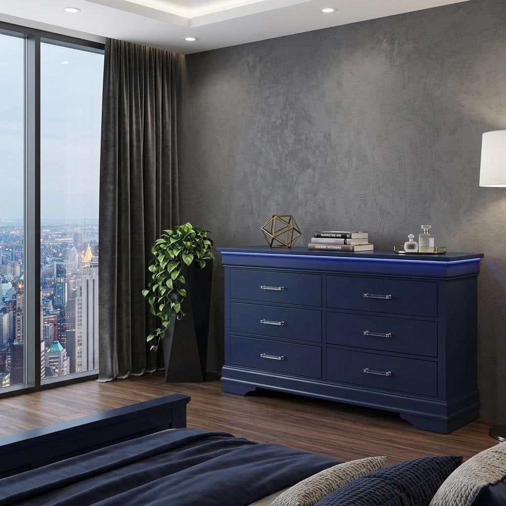 blue and wood dresser Amazon.com: LegacyAmerhome 8 Drawers, 54" Wide Farmhouse Chest of Drawers  with Charging Station, Refined Blue Finish Design, Modern Storage Organizer  TV Stand for Bedroom, Living Room, Hallway, Indigo Blue : Home &