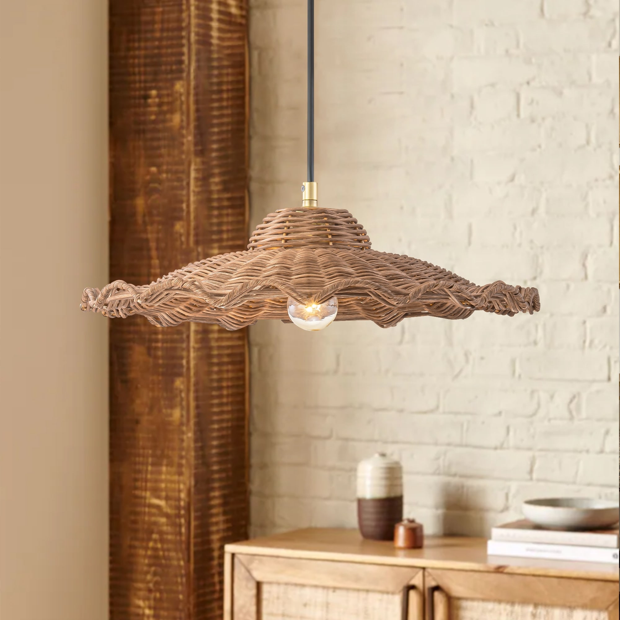 Rennnsan 1-Light Boho Rattan Lotus Pendant for Dining Room & Kitchen - 15.7 in. W x 6.3 in. H