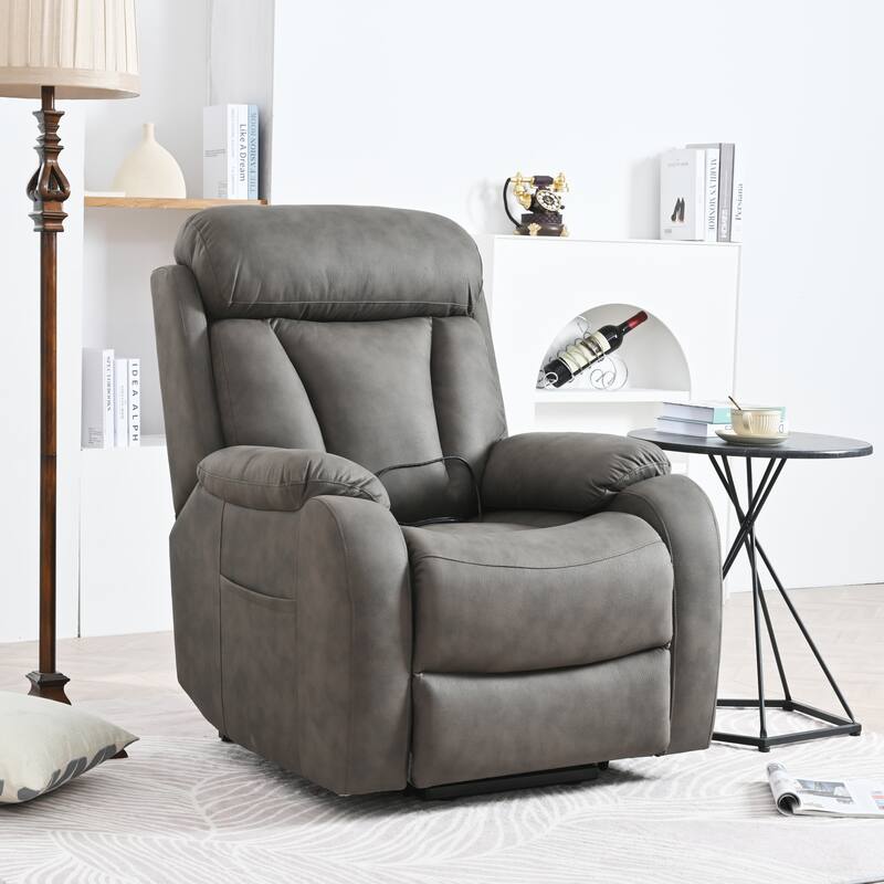 Grey Wide Seat Power Lift Recliner with Remote Control, Side Pocket, and Adjustable Recline Features