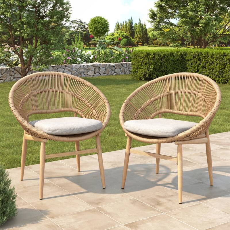 Outdoor Wicker Papasan Style Dining Chair Set of 2 - Beige and Light Brown Teak