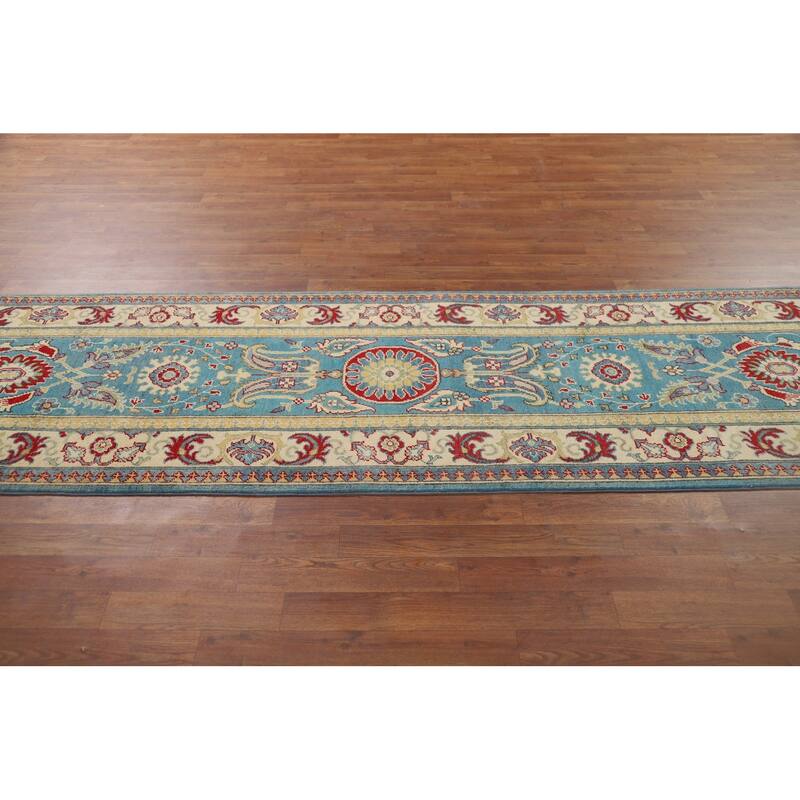 Blue Geometric Kazak Oriental Runner Rug Handmade Wool Carpet - 2'9" x 9'8"