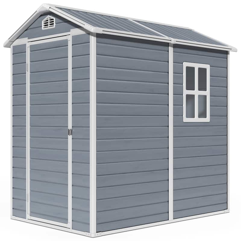 5x3 / 6x4 / 8x6 FT Outdoor Storage Shed with Floor, Resin Garden Tool Shed with Lockable Doors, Waterproof Plastic Storage Sheds