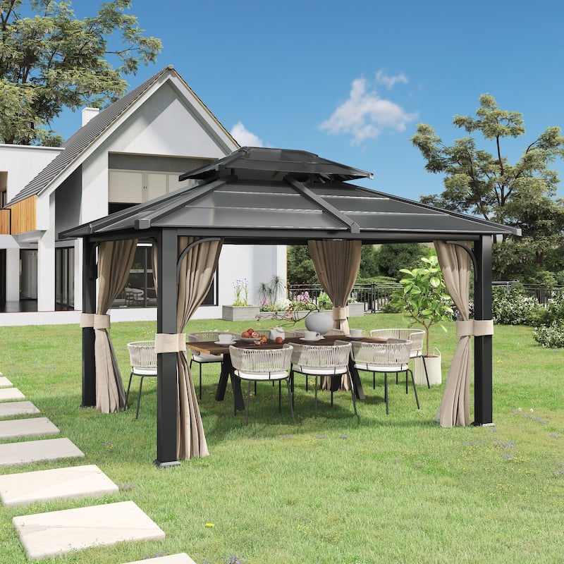 EROMMY Anti-Rust Coating Iron Hardtop Sun Shade Shelter Outdoor Canopy & Pergolas w/Curtains and Netting