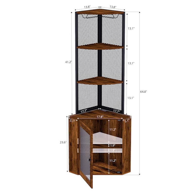 Industrial Corner Cabinet with Power Outlets - Wine Glass Rack and Mesh Door Storage for Home Bar