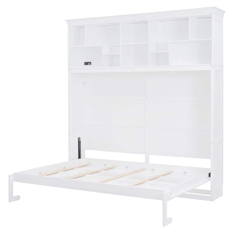 Modern Style Queen Size Murphy Bed with Top Shelves and USB for Bedroom