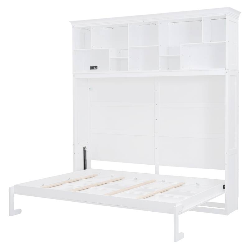Queen Murphy Bed with USB & Top Shelves - Multi-Function Fold-Away Wall Bed for Small Apartments